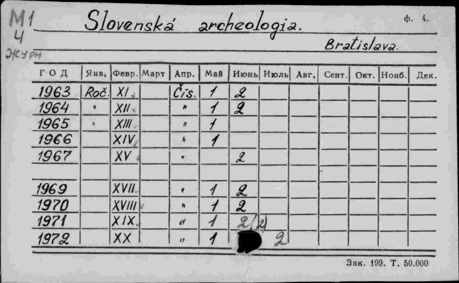 ﻿м/
ч ~


ф. 4.

ГОД	Яив.	Февр.	Март	Аир.	Май	Июнь	Июль	Авг,	Сент.	Окт.	Нояб.	Дек.
1963	9о6.	X/		Ö/'S	/	Ä						
1969	»	ХП		If	/	Ä						
1965	»	хш		fr	/							
1966		XIV		ff	/							
1967		XV .		*		3						
												
1969		XVII			/	3.						
1970		XVIII	/	ft	/	£						
1971		XIX		ä	/							
1973.		XX		11		Л									
Зак. 199. Т. 50.000